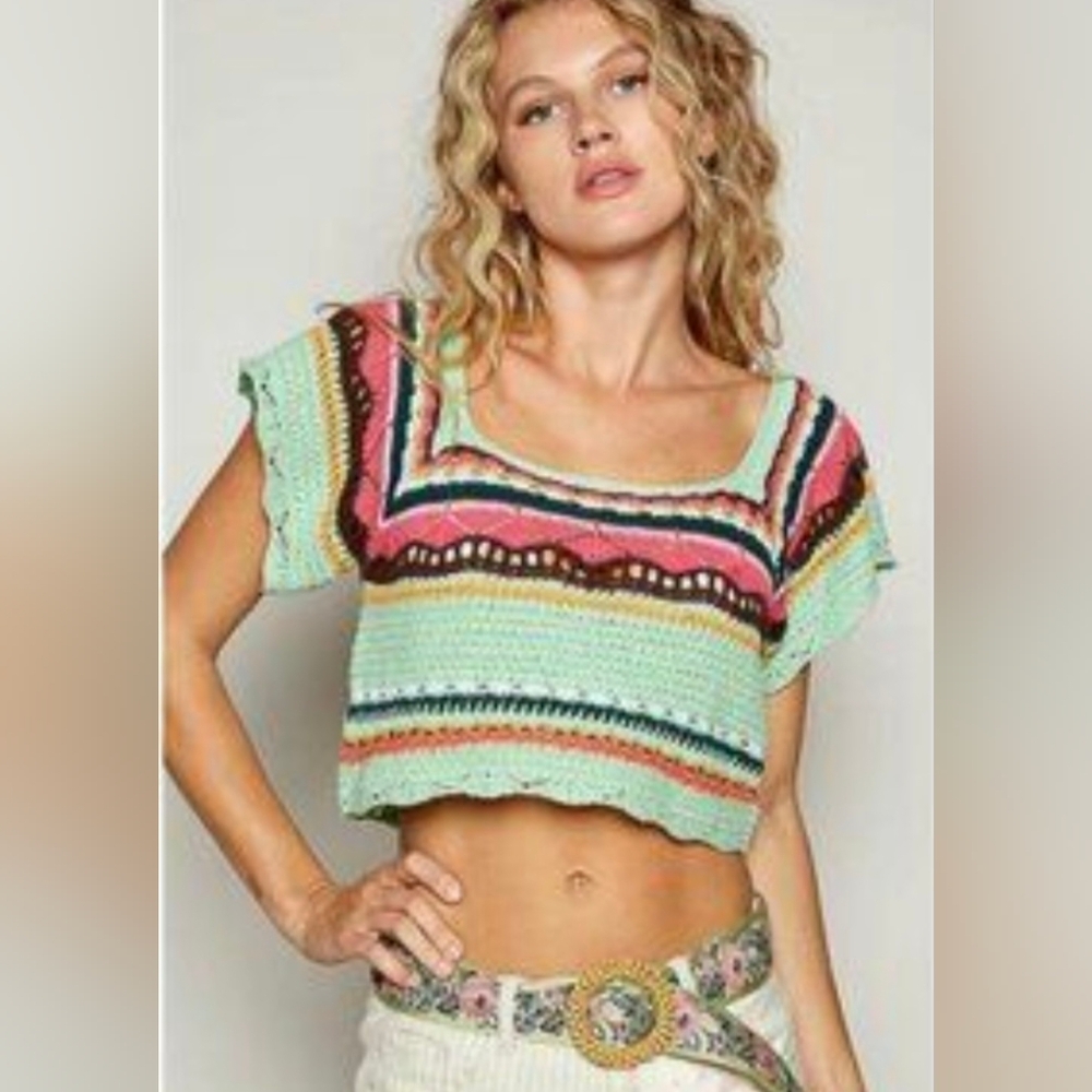 POL Crochet Openwork Bohemian Short Sleeve Crop Top Colorful Granny Knit Shirt
